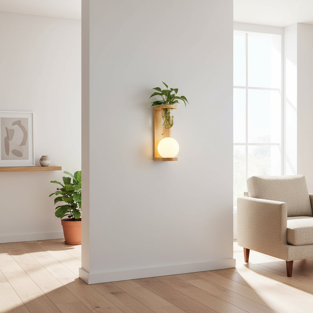 Holz-Wandlampe im Boho-Stil – Minimalistische LED-Lampe mit Glasschirm für Schlafzimmer & Wohnzimmer