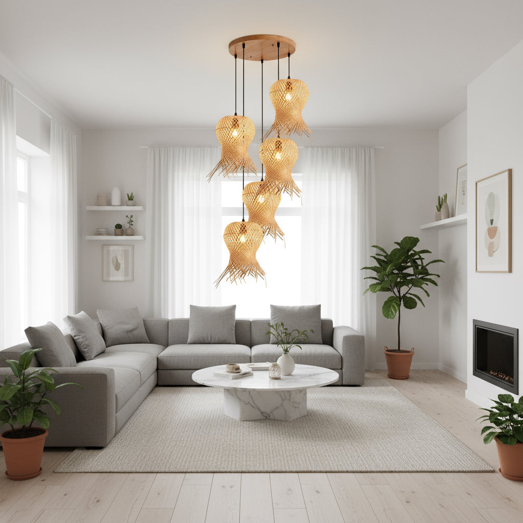 Bambus-Deckenlampe im Boho-Stil – Handgefertigte Hängeleuchte aus Holz & Bambus (5 Köpfe)