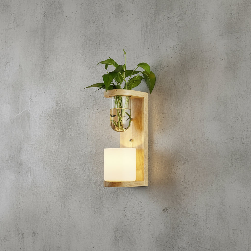 Holz-Wandlampe im Boho-Stil – Minimalistische LED-Lampe mit Glasschirm für Schlafzimmer & Wohnzimmer