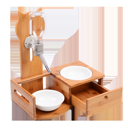 Bambus Futterstation „Meow Xianer“ – Boho Haustisch mit Holzschublade für Katzen & kleine Hunde