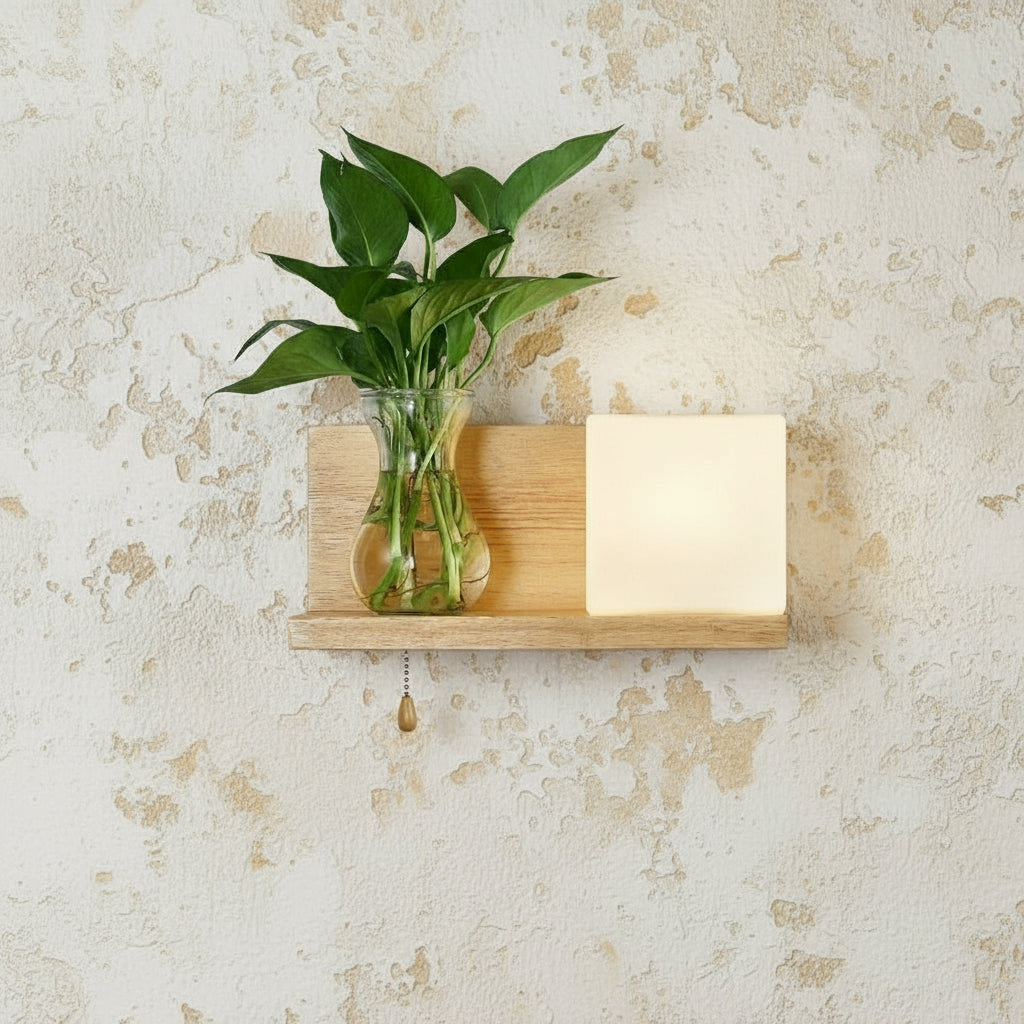 Holz-Wandlampe im Boho-Stil – Minimalistische LED-Lampe mit Glasschirm für Schlafzimmer & Wohnzimmer