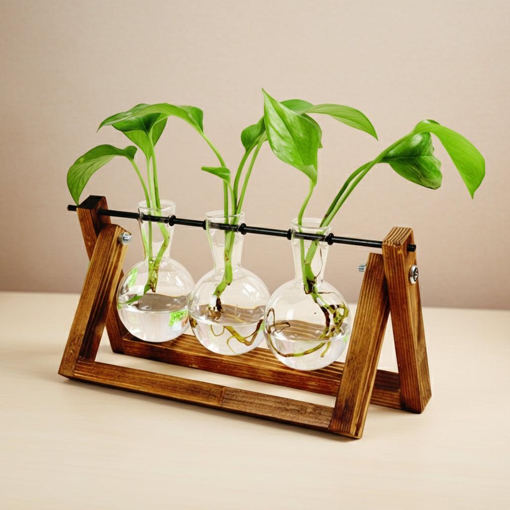 Boho Holz-Schaukel mit Glasvase – Stehende Hydroponik-Vase für Pflanzen