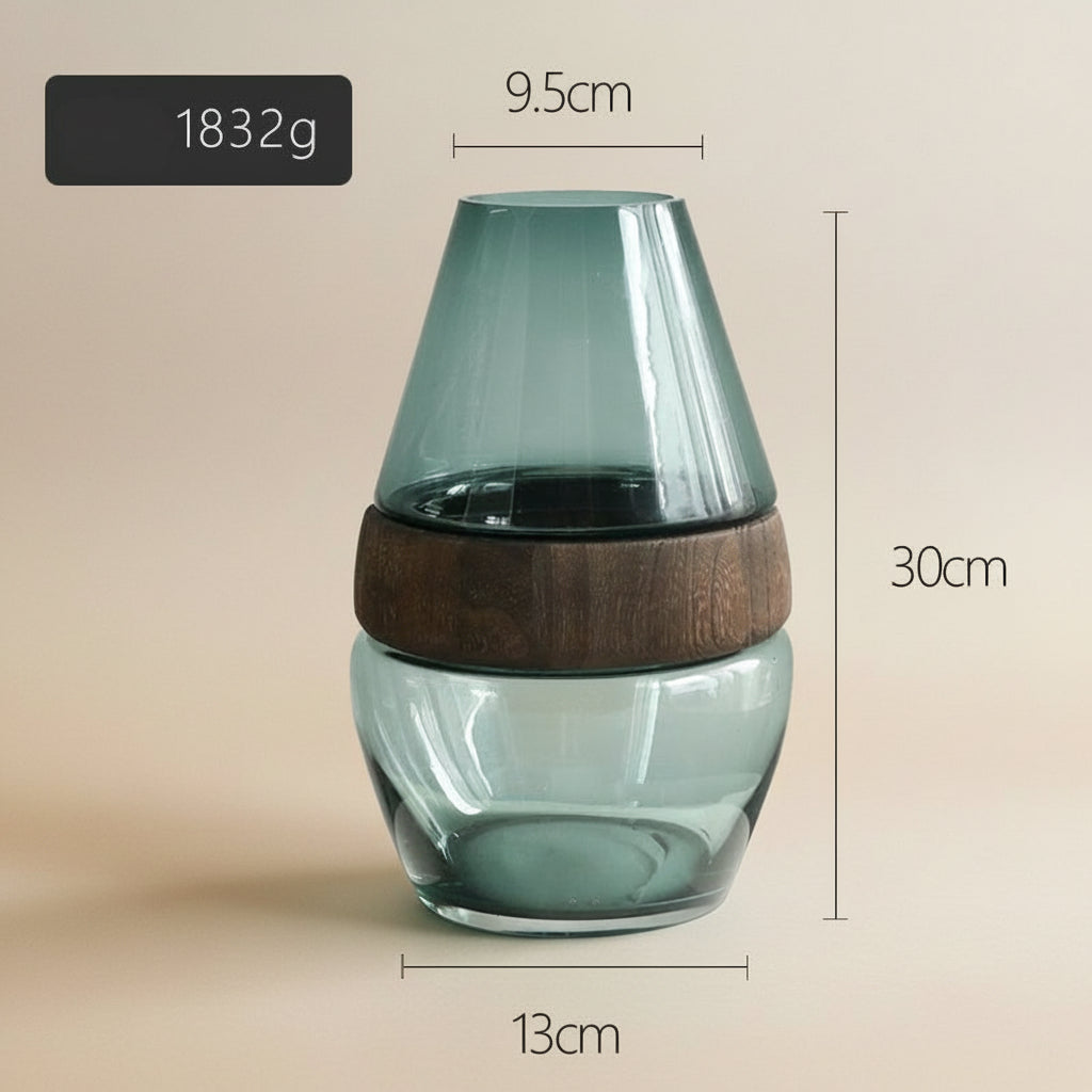 Boho Holz-Glas Vase „Log Harmony“ – Handgefertigte Naturvase aus Paulownia & Klarglas