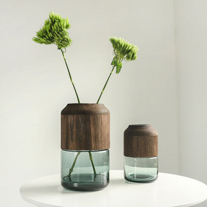Boho Holz-Glas Vase „Log Harmony“ – Handgefertigte Naturvase aus Paulownia & Klarglas