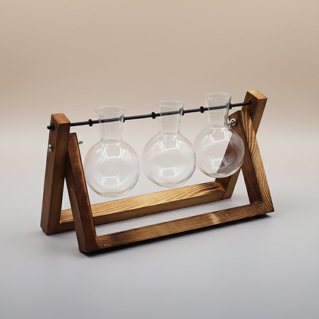 Boho Holz-Schaukel mit Glasvase – Stehende Hydroponik-Vase für Pflanzen