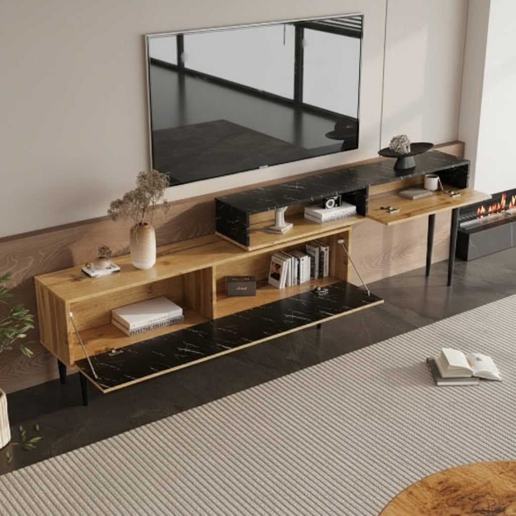 Boho TV-Schrank „Marbél“ – Holz & Marmoroptik mit Eisenbeinen | Moderner Naturstil