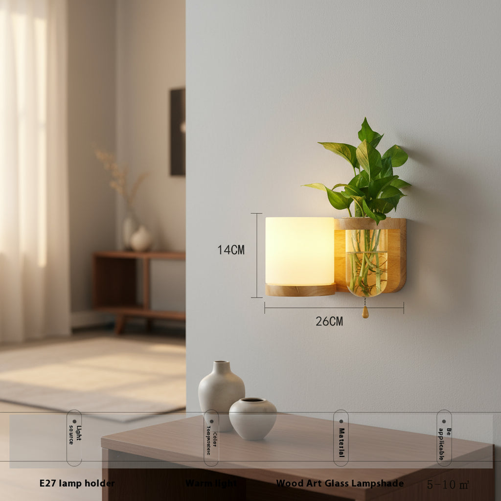 Holz-Wandlampe im Boho-Stil – Minimalistische LED-Lampe mit Glasschirm für Schlafzimmer & Wohnzimmer