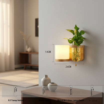 Holz-Wandlampe im Boho-Stil – Minimalistische LED-Lampe mit Glasschirm für Schlafzimmer & Wohnzimmer