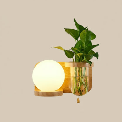 Holz-Wandlampe im Boho-Stil – Minimalistische LED-Lampe mit Glasschirm für Schlafzimmer & Wohnzimmer