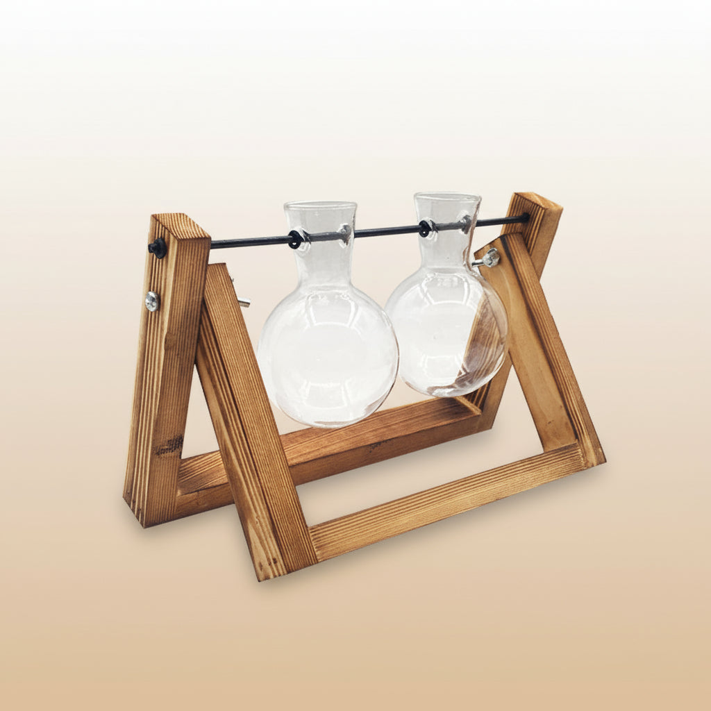 Boho Holz-Schaukel mit Glasvase – Stehende Hydroponik-Vase für Pflanzen