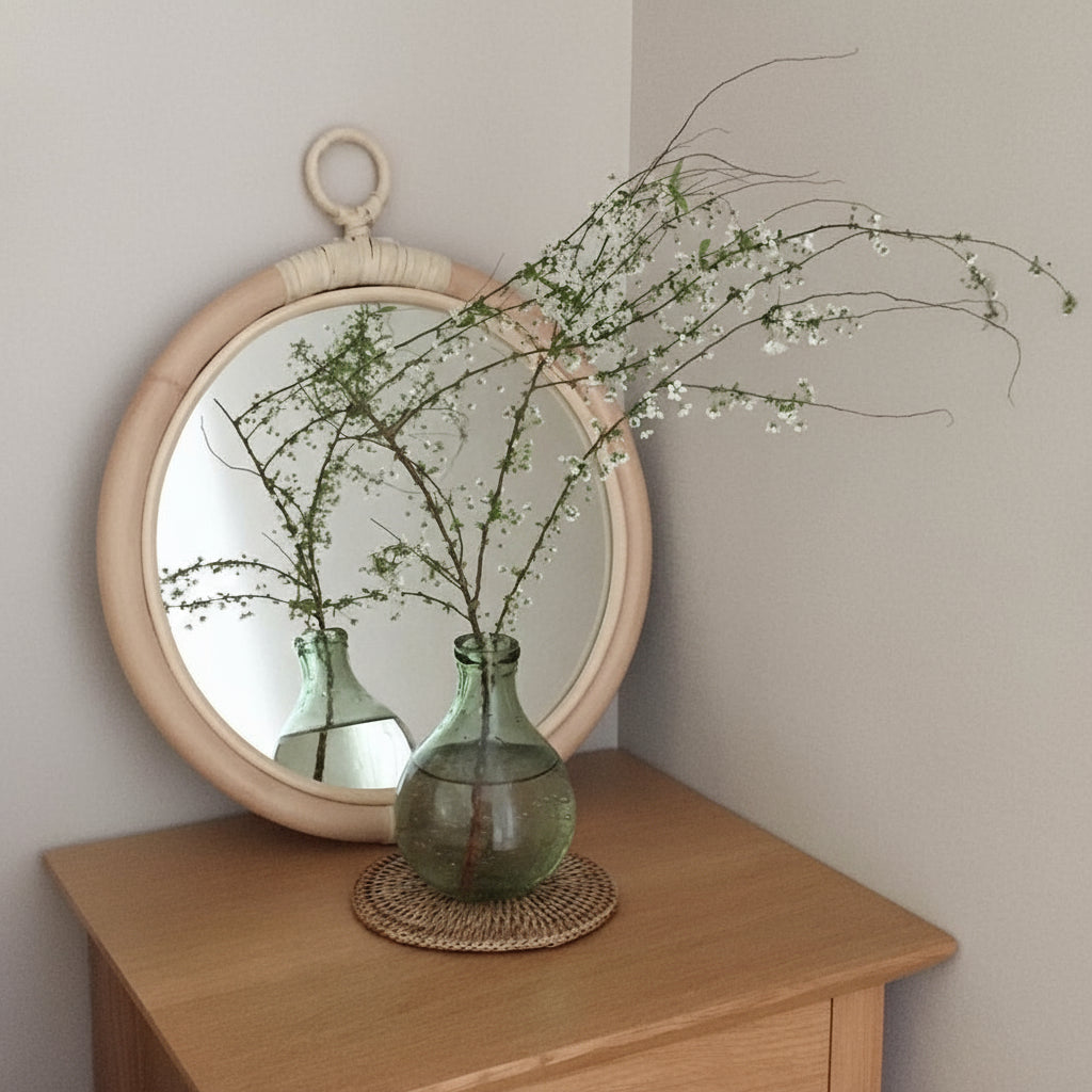 Runder Boho-Wandspiegel aus Bambus – Handgewebte Naturdeko im Retro-Stil (35 cm)