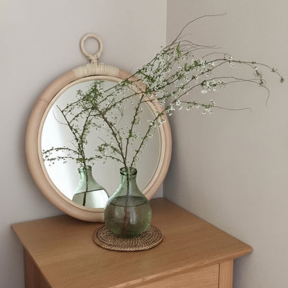 Runder Boho-Wandspiegel aus Bambus – Handgewebte Naturdeko im Retro-Stil (35 cm)