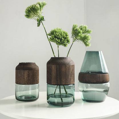 Boho Holz-Glas Vase „Log Harmony“ – Handgefertigte Naturvase aus Paulownia & Klarglas