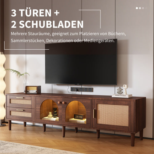 Boho TV-Schrank „Sereno“ – Holz mit Rattan & Glas | LED-Beleuchtung & Stauraum für große TVs