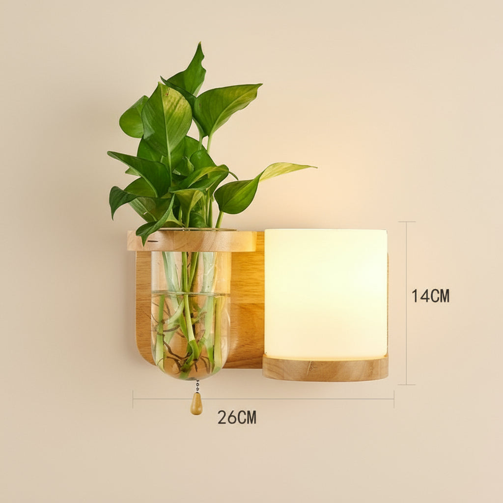 Holz-Wandlampe im Boho-Stil – Minimalistische LED-Lampe mit Glasschirm für Schlafzimmer & Wohnzimmer