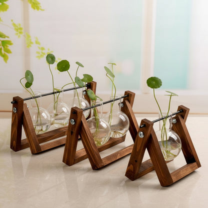 Boho Holz-Schaukel mit Glasvase – Stehende Hydroponik-Vase für Pflanzen