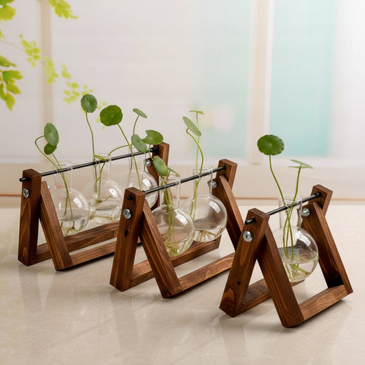 Boho Holz-Schaukel mit Glasvase – Stehende Hydroponik-Vase für Pflanzen