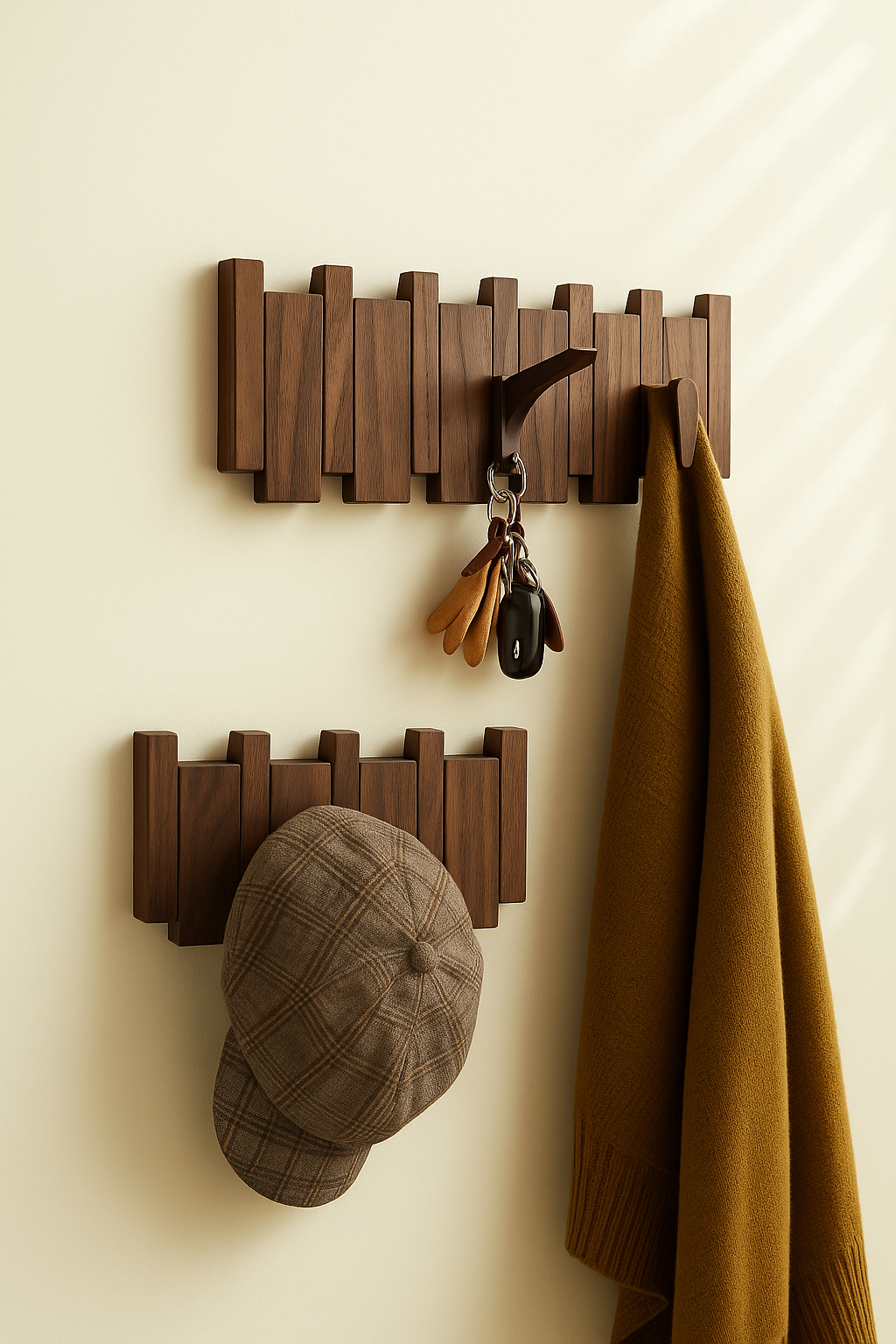 Nordischer Wandhaken aus Massivholz – Boho-Garderobenleiste in Natur, Walnuss oder Schwarz-Weiß