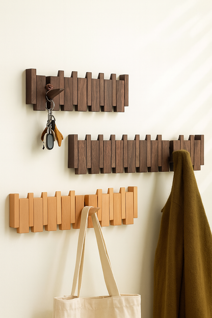 Nordischer Wandhaken aus Massivholz – Boho-Garderobenleiste in Natur, Walnuss oder Schwarz-Weiß
