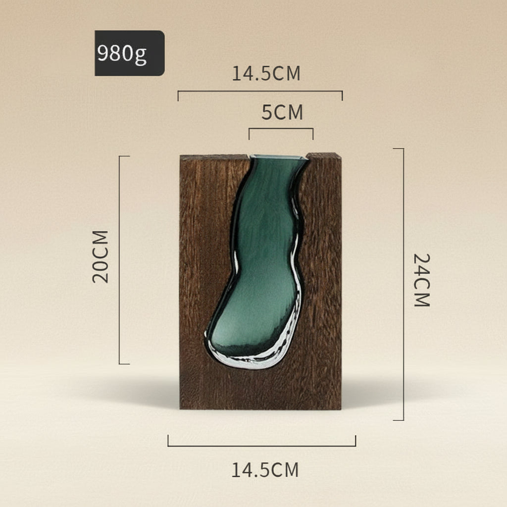 Boho Glasvase „Nordic Mosaic“ – Handgefertigte Holz-Glas Deko im Naturstil