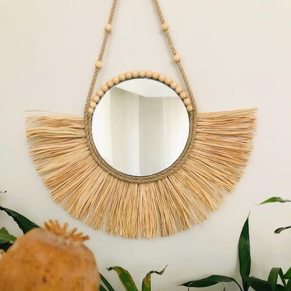 Handgefertigter Boho-Wandspiegel mit Holzperlen & Strohrand – Natürliche Wanddeko 40 cm