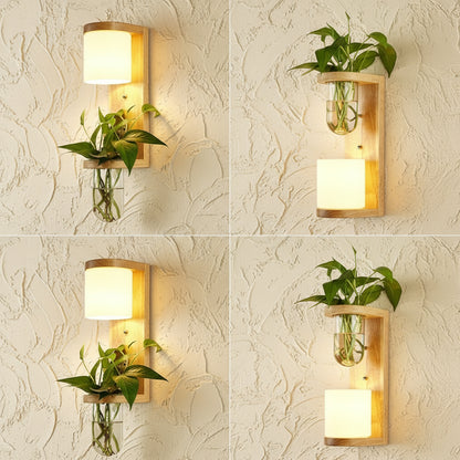 Holz-Wandlampe im Boho-Stil – Minimalistische LED-Lampe mit Glasschirm für Schlafzimmer & Wohnzimmer