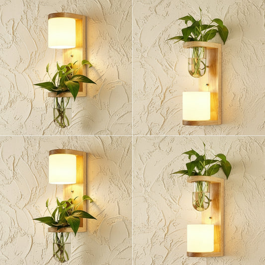 Holz-Wandlampe im Boho-Stil – Minimalistische LED-Lampe mit Glasschirm für Schlafzimmer & Wohnzimmer