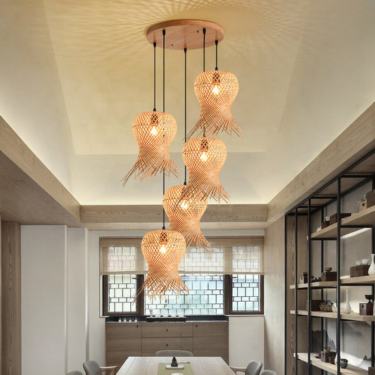 Bambus-Deckenlampe im Boho-Stil – Handgefertigte Hängeleuchte aus Holz & Bambus (5 Köpfe)