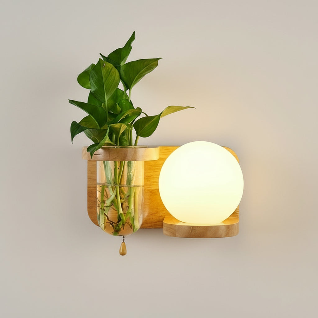 Holz-Wandlampe im Boho-Stil – Minimalistische LED-Lampe mit Glasschirm für Schlafzimmer & Wohnzimmer