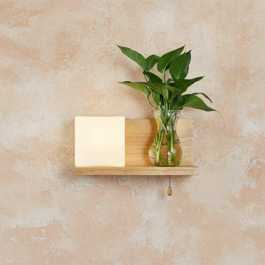 Holz-Wandlampe im Boho-Stil – Minimalistische LED-Lampe mit Glasschirm für Schlafzimmer & Wohnzimmer