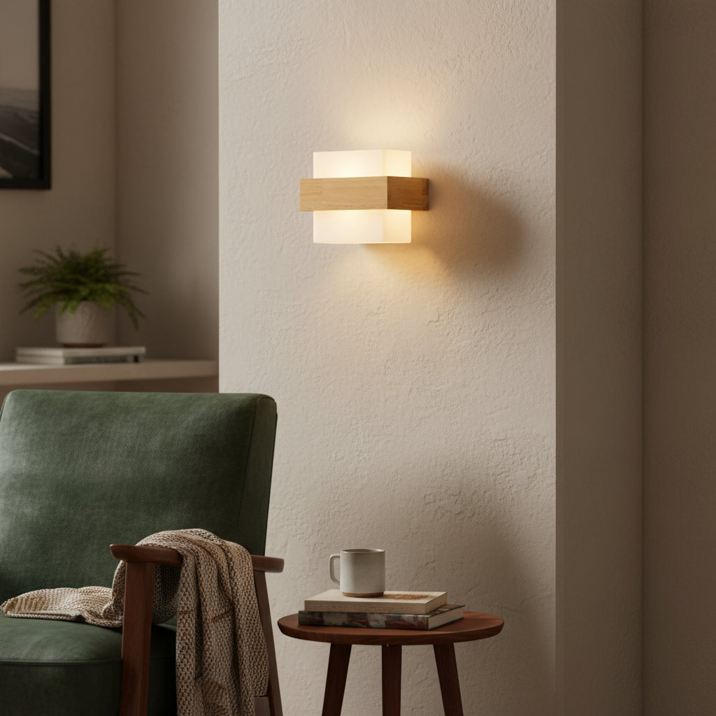 Holz-Wandlampe im Boho-Stil – Minimalistische LED-Lampe mit Glasschirm für Schlafzimmer & Wohnzimmer