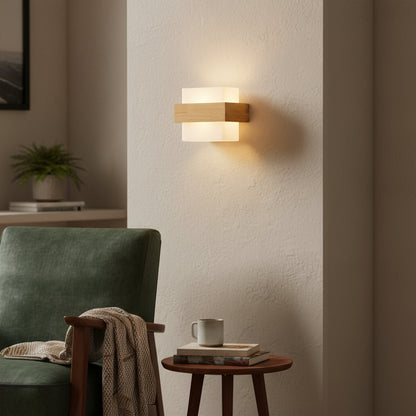 Holz-Wandlampe im Boho-Stil – Minimalistische LED-Lampe mit Glasschirm für Schlafzimmer & Wohnzimmer