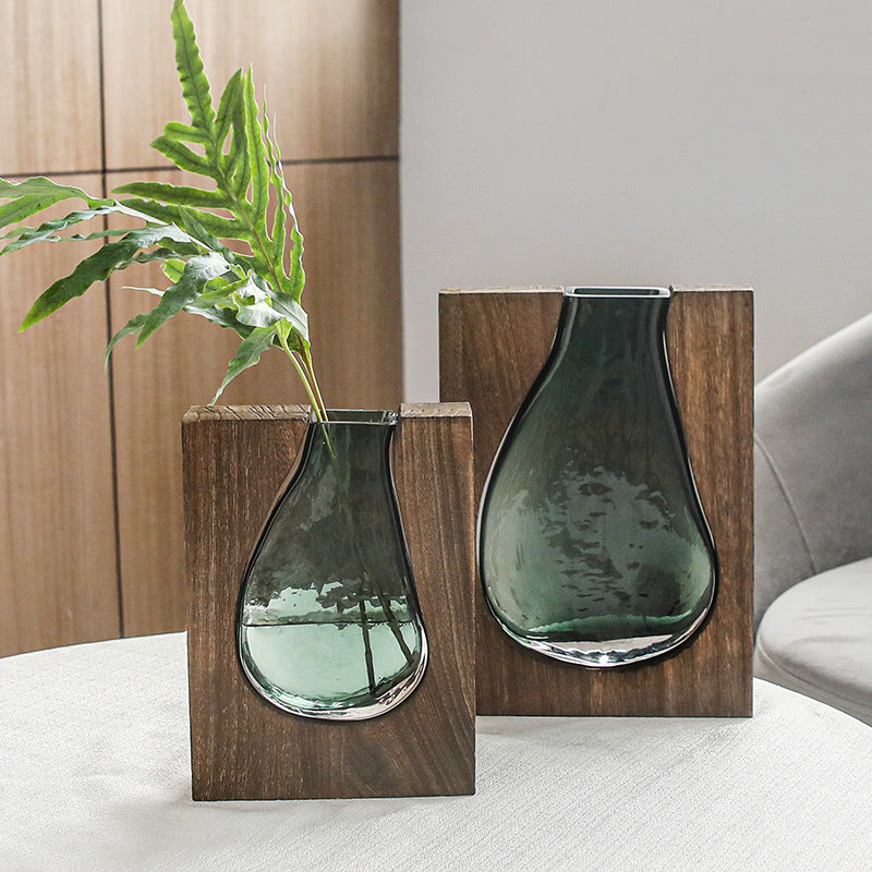 Boho Glasvase „Nordic Mosaic“ – Handgefertigte Holz-Glas Deko im Naturstil